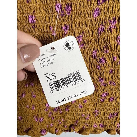 Free People Marigold Smocked Crop Top Golden Combo NWT XS - Picture 9 of 11